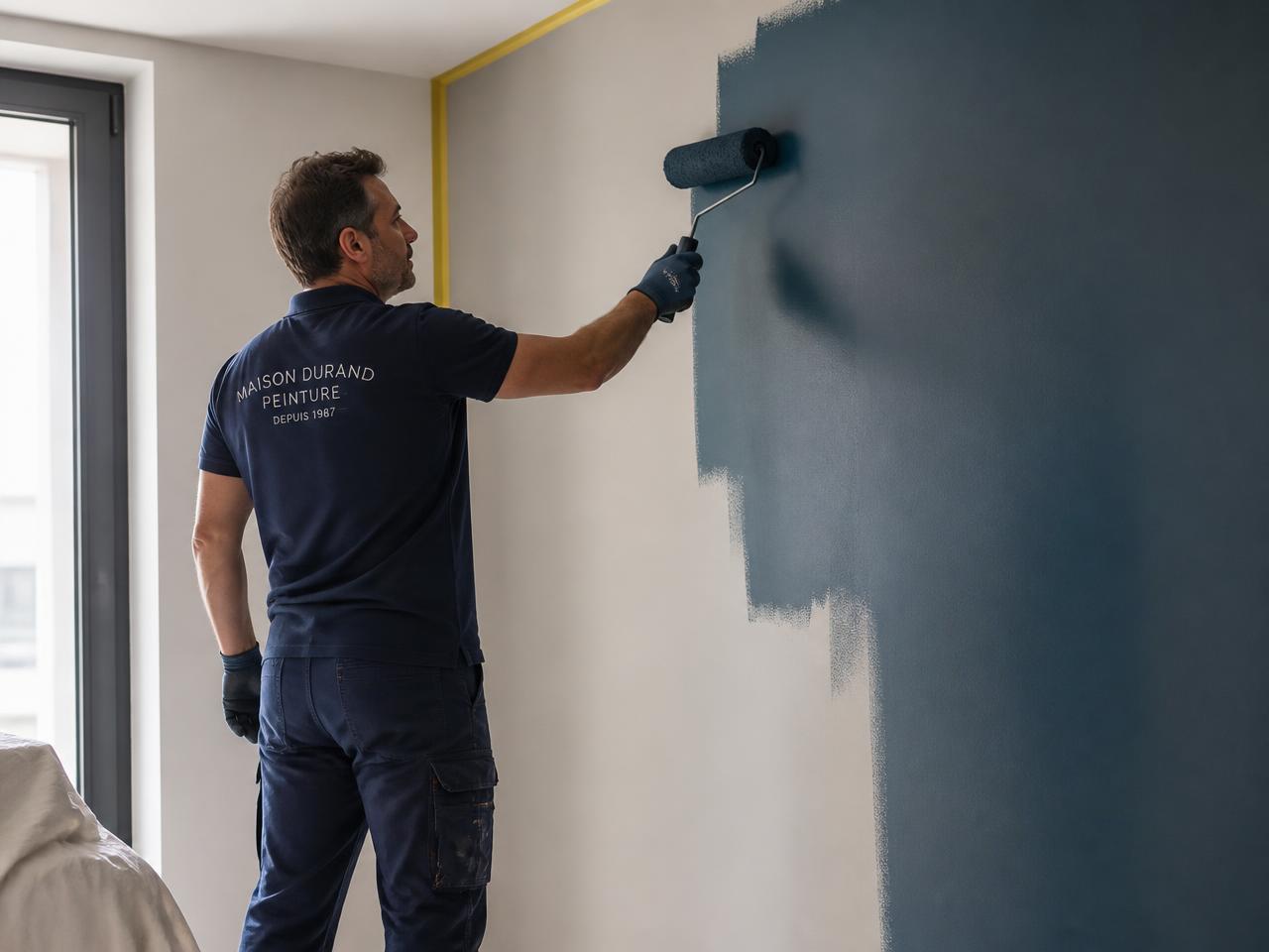 Peintre professionnel appliquant une peinture bleu pétrole au rouleau sur un mur intérieur